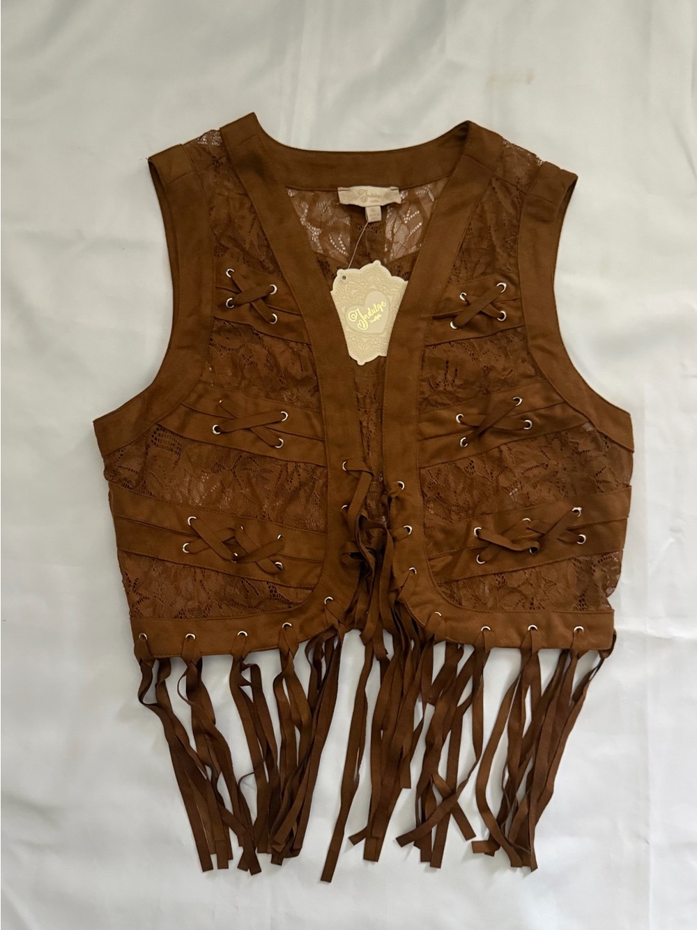 indulge Brown Lace Fringe Crop Vest